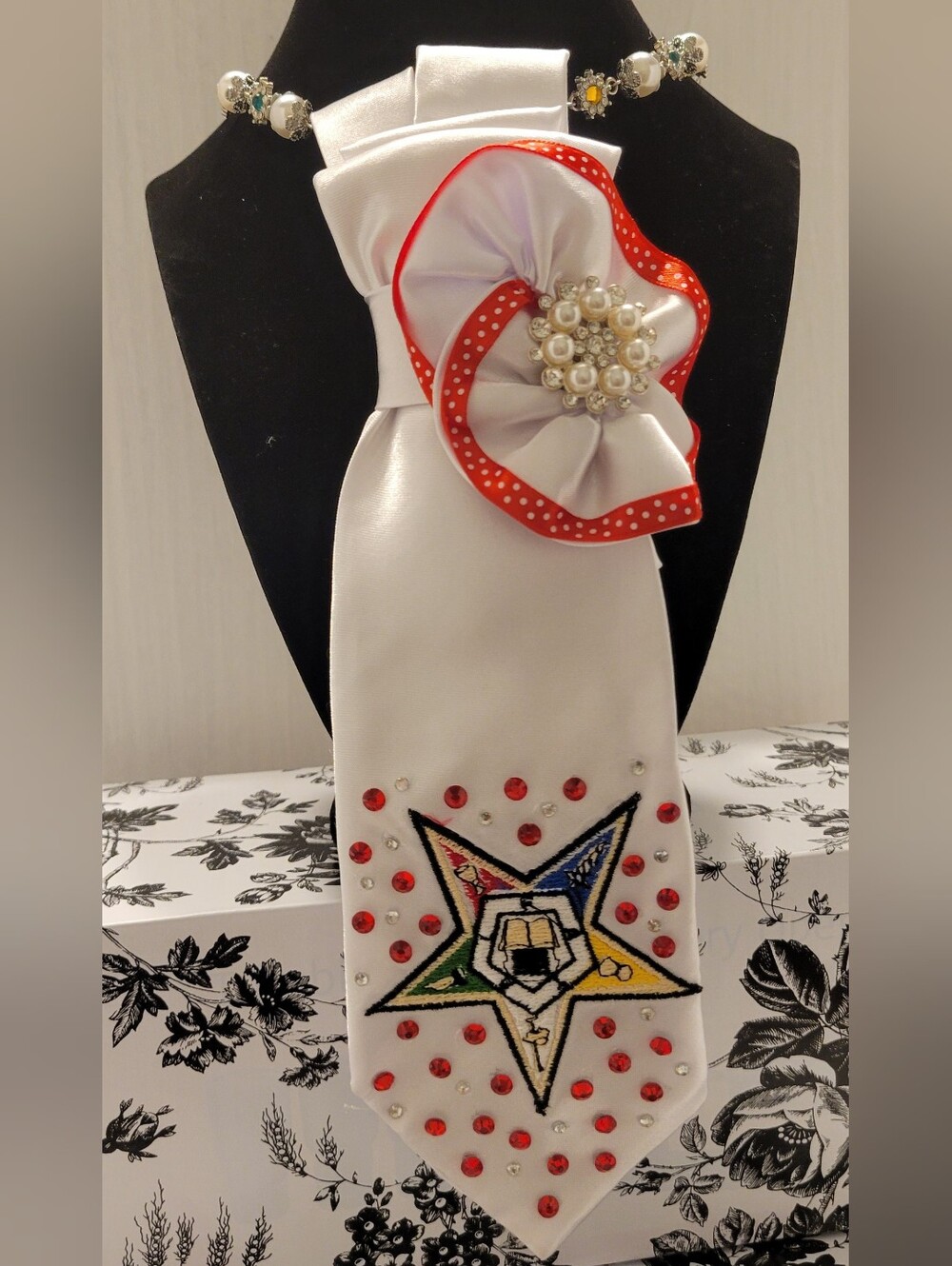 White Decorative Tie with Red Accent Flower